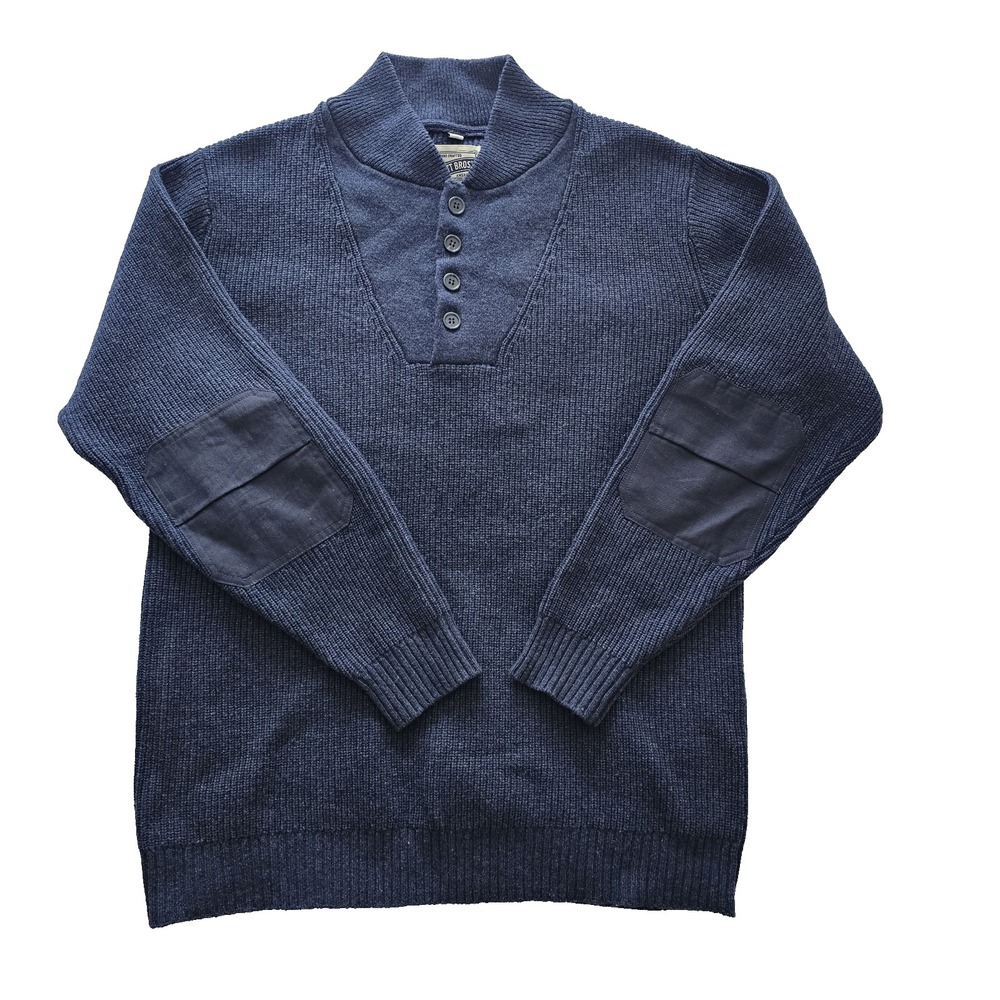 Schott Bros Hand Crafted Blue Henley Sweater Wool Blend Pullover Elbow Patch L‎